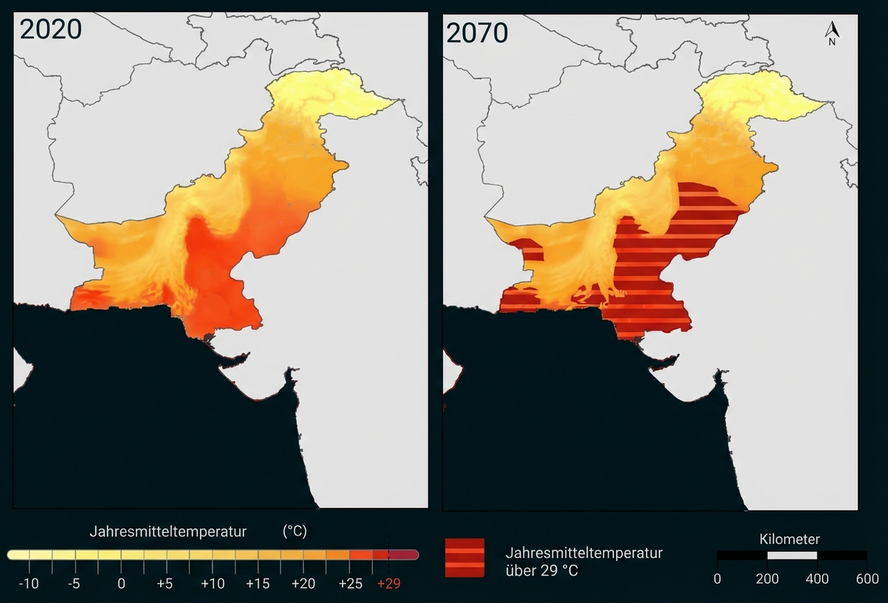 Kartenvergleich Pakistan 2020 und 2070 mit Farbskala der Jahrestemperatur; 2070 zeigt Gebiete über 29 °C